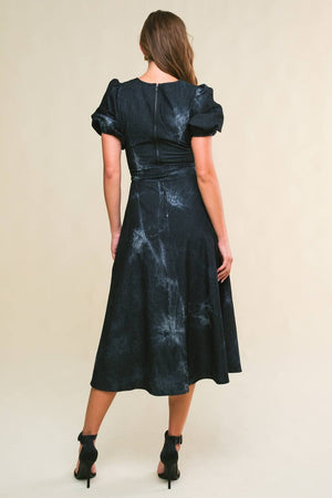 A printed twill midi dress -Black