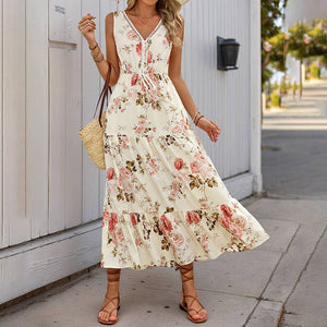 Sleeveless Deep V-Neck Loose Plain Long Maxi Casual Dress