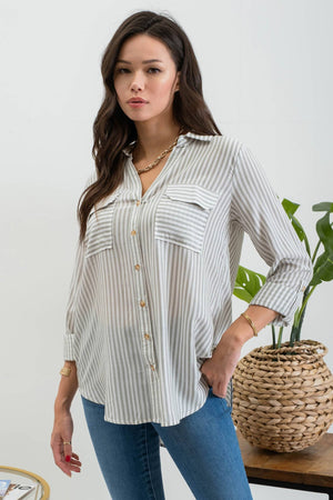 STRIPE COLLARED BUTTON SHIRT(Olive)