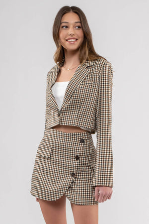 PLAID BUTTON FRONT CROPPED BLAZER