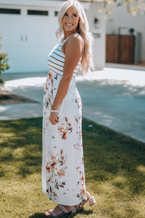 White Striped Floral Print Maxi Dress