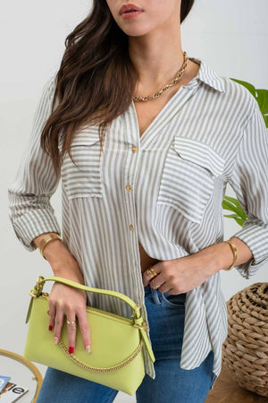 STRIPE COLLARED BUTTON SHIRT(Olive)