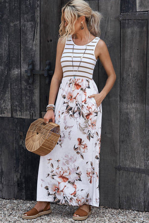 White Striped Floral Print Maxi Dress