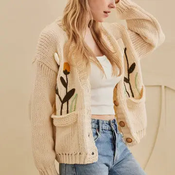 Flower Embroidered Knit Cardigan