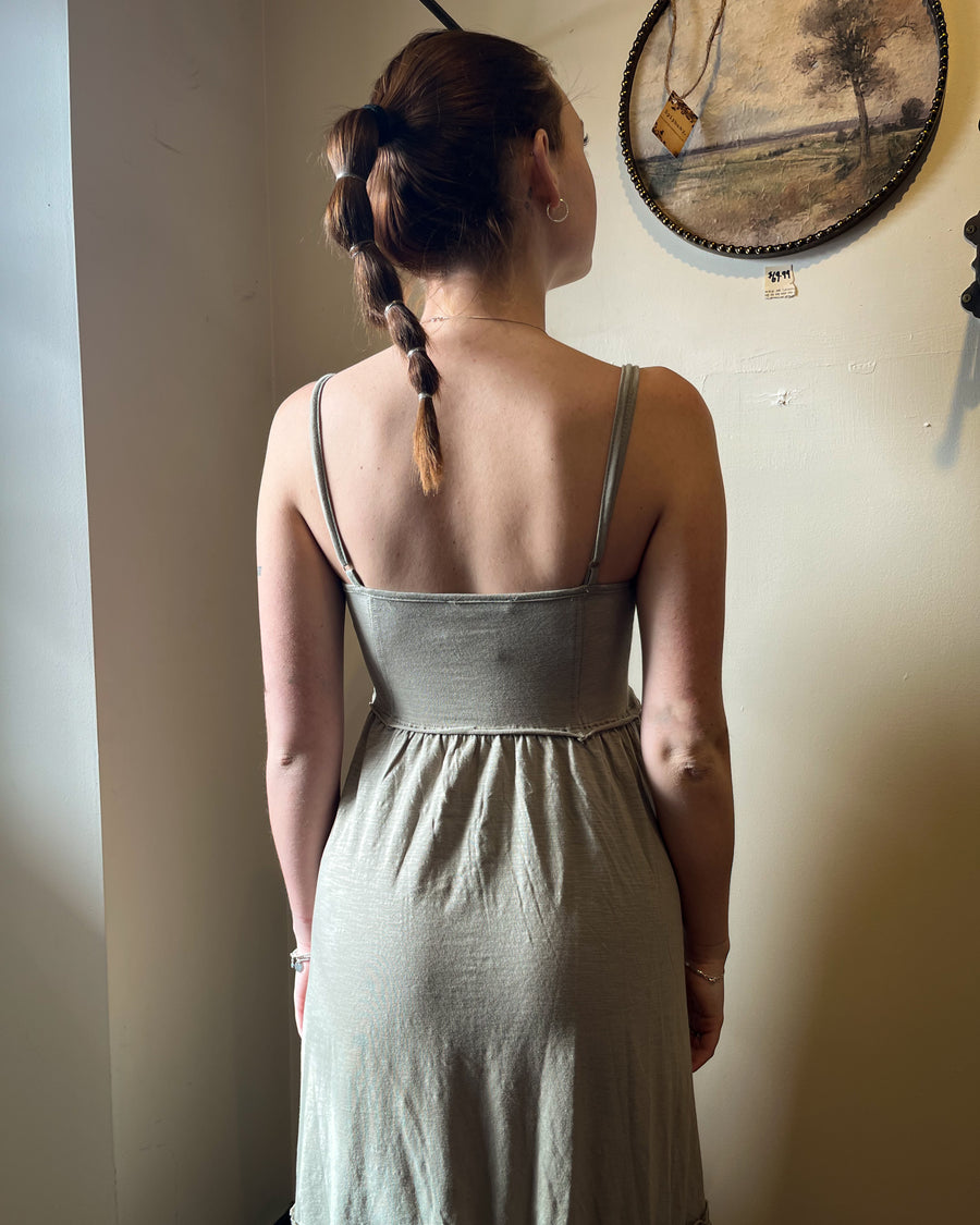 Sage Raw Edge Tiered Maxi Dress