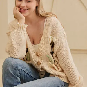 Flower Embroidered Knit Cardigan