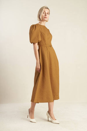 A textured woven midi dress ( Camel )