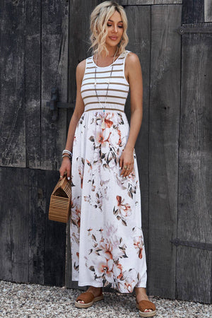 White Striped Floral Print Maxi Dress