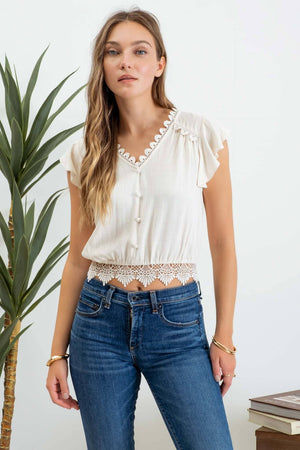 SCALLOP LACE TRIM BACK TIE CROP TOP