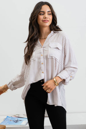 STRIPE COLLARED BUTTON SHIRT(Olive)