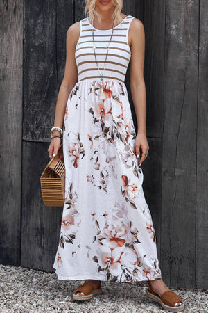 White Striped Floral Print Maxi Dress