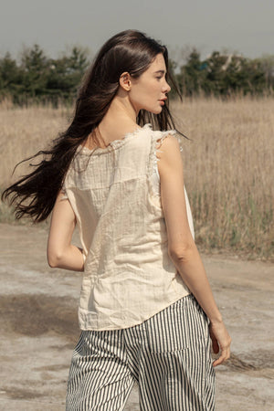 Sleeveless Henley  Top with Raw Hem Sleeves