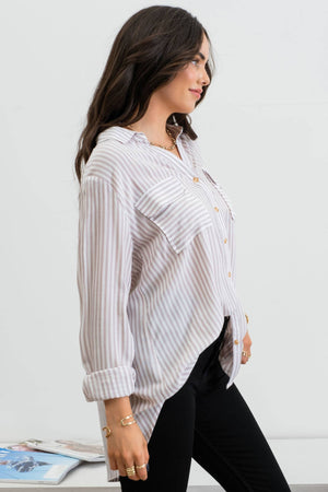 STRIPE COLLARED BUTTON SHIRT(Olive)