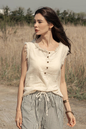 Sleeveless Henley  Top with Raw Hem Sleeves