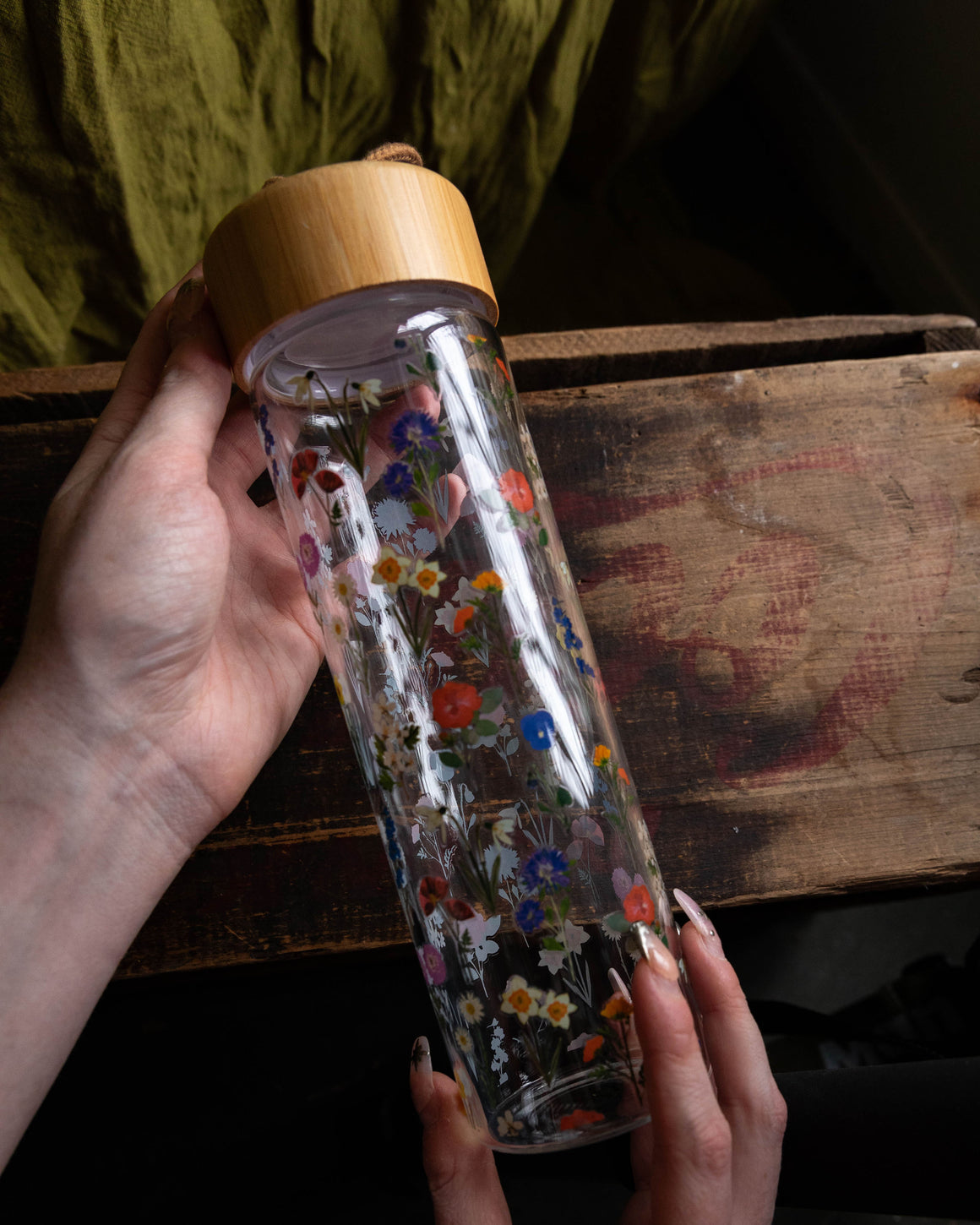 Floral Glass And Bamboo Water Bottle