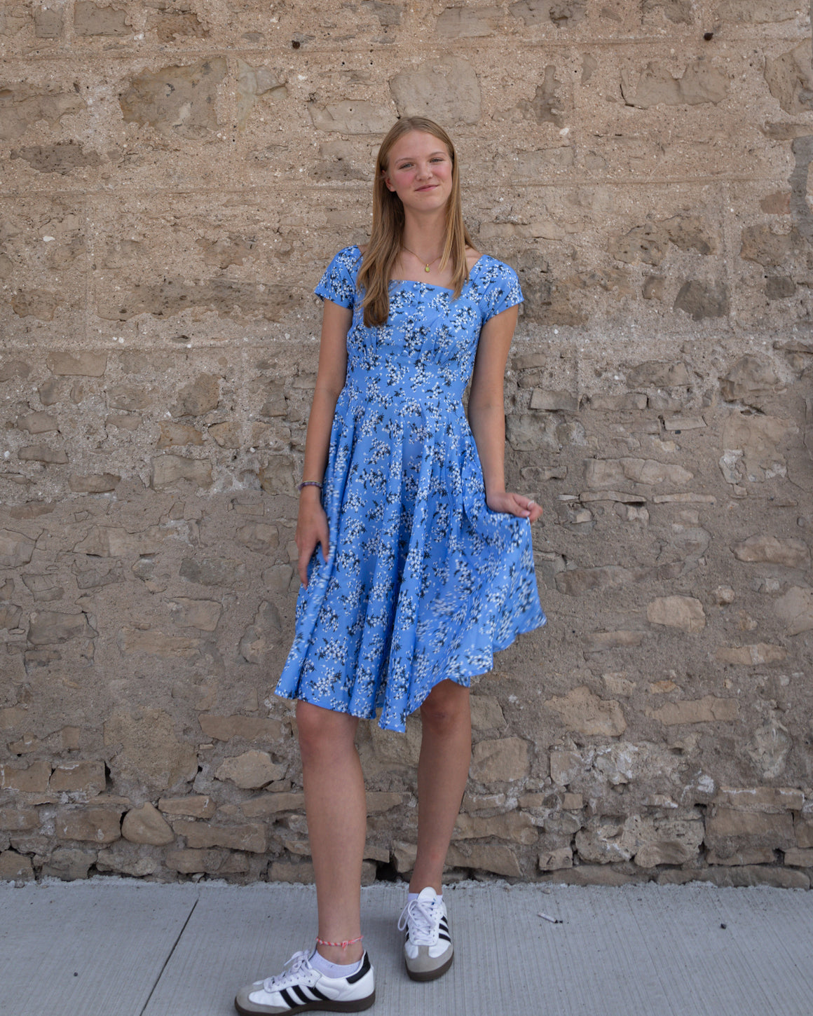 Idda Midi Swing Tea Dress in Blue Floral