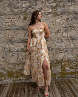 Metallic Floral Strapless Maxi Dress