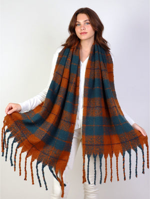 Plaid Patterned Blanket Scarf-Rust