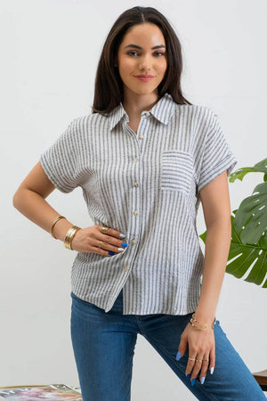 STRIPE COLLARED SHORT SLEEVE  SHIRT