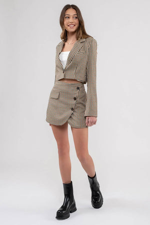 PLAID BUTTON FRONT CROPPED BLAZER