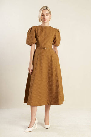 A textured woven midi dress ( Camel )