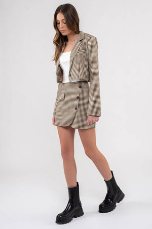 PLAID BUTTON FRONT CROPPED BLAZER