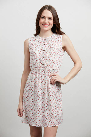 Red Tiny Floral Print Button Up Dress