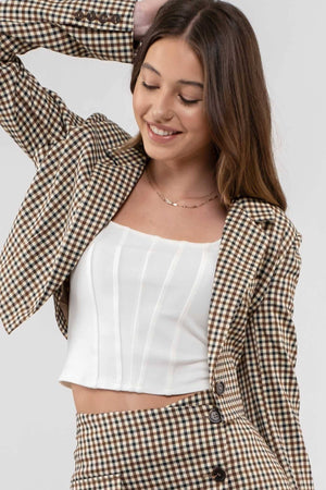 PLAID BUTTON FRONT CROPPED BLAZER