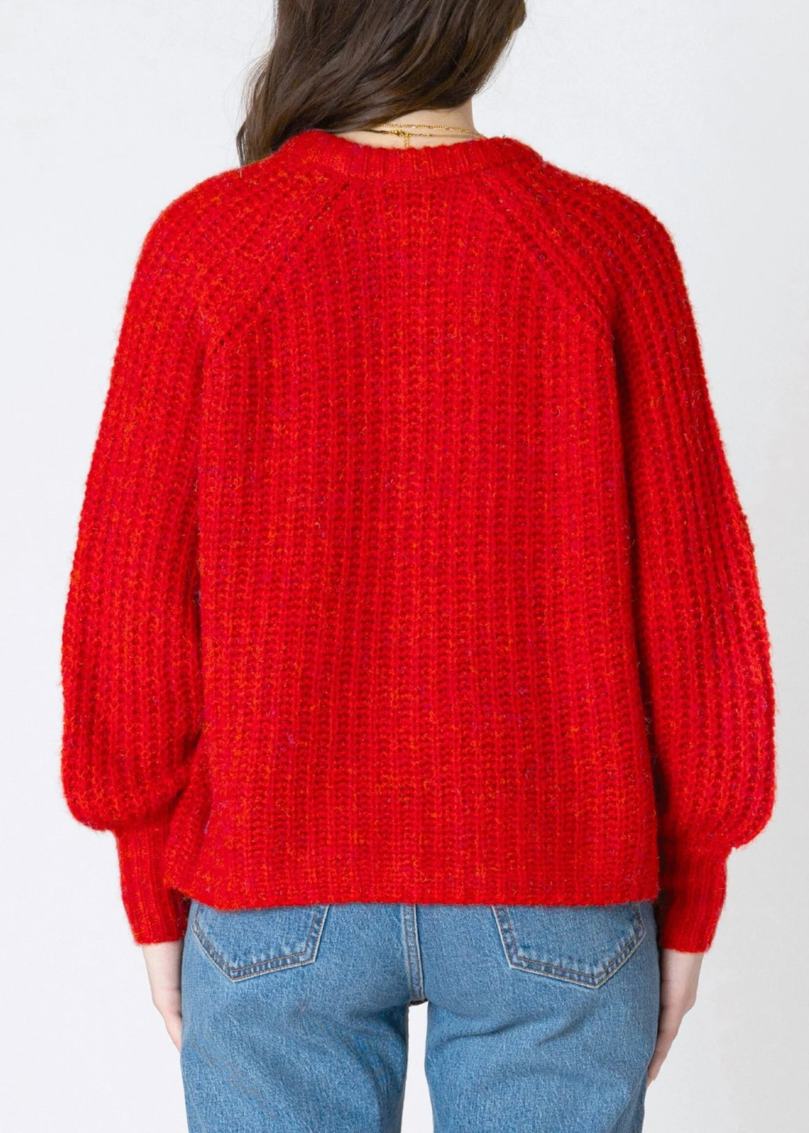 Crew Neck Textured Knit Cardigan ( Red)