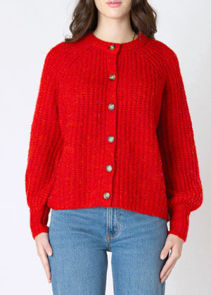 Crew Neck Textured Knit Cardigan ( Red)