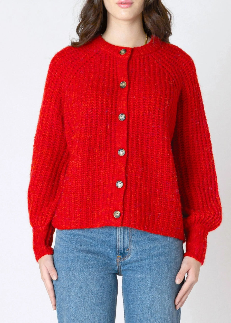 Crew Neck Textured Knit Cardigan ( Red)