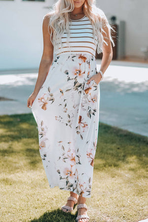 White Striped Floral Print Maxi Dress