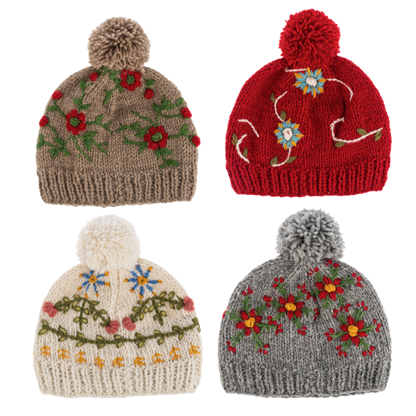 Embroidered Beanie w/Pom-Asst