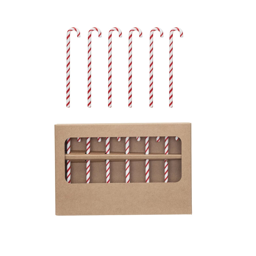 Glass Candy Cane Shaped Stir Sticks  Set of 6